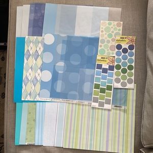 Scrapbook sheets & stickers in blues, greens, purple & velum. 12”x12” Acid free.